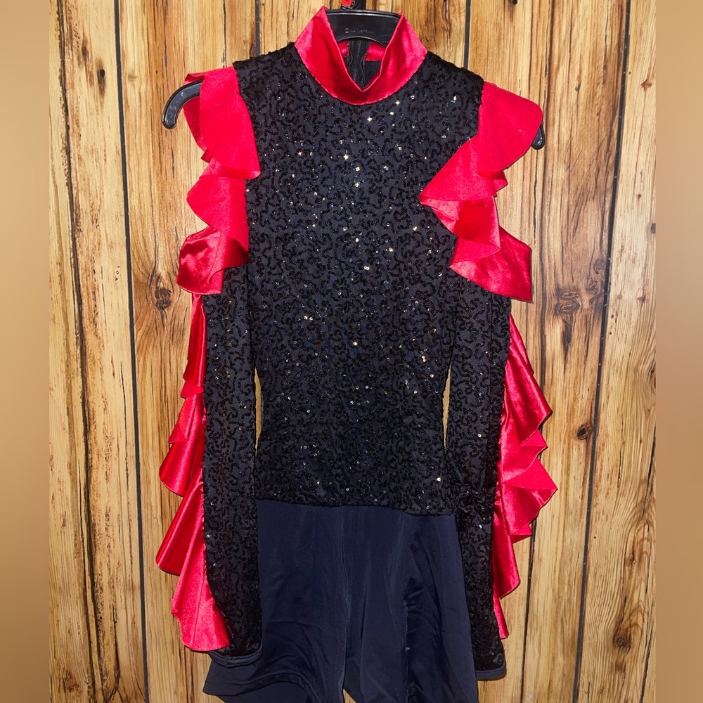 Weissman MA Black Red Sequin Jazz Tap Competition Dance Costume Open Back Ruffle
